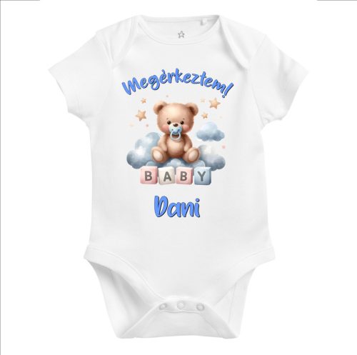 Megérkeztem baba body kék maci felhőn (választható név)