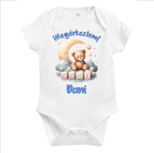 Megérkeztem baba body kék maci félholdon (választható név)