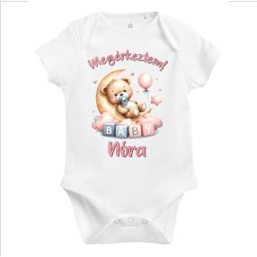   Megérkeztem baba body rózsaszín maci félholdon (választható név)