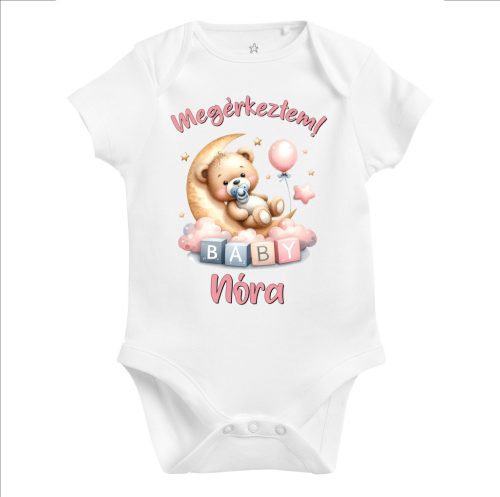 Megérkeztem baba body rózsaszín maci félholdon (választható név)