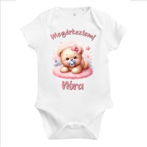   Megérkeztem baba body rózsaszín maci szőnyegen (választható név)