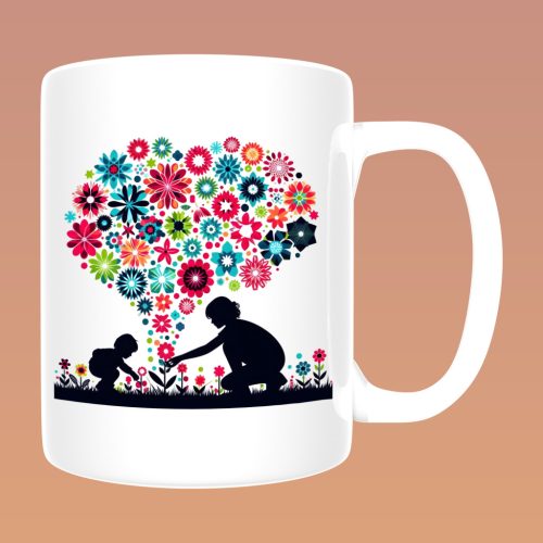 Művészi Anya Kollekció - Virágos szíves anya‑gyerek illusztrációs bögre