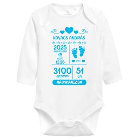 Születési adatok emlék fiús hosszúujjú baba body