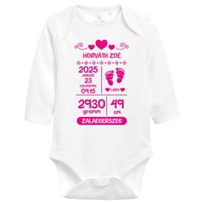 Születési adatok emlék lányos hosszúujjú baba body