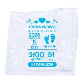 Emlékpelenka születési adatokkal, kék színben