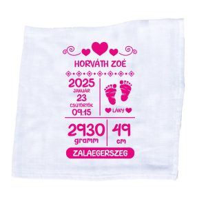 Emlékpelenka születési adatokkal, rózsaszín színben